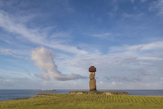 Photograph of the moais at Ahu Tahai on Easter Island in Chile in morning light.