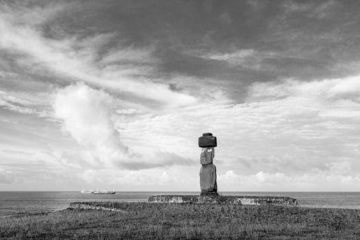 Black and white photo of a moai statue at Ahu Tahai on Easter Island in Chile