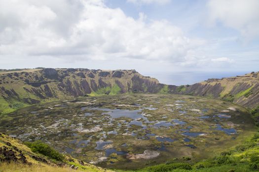 Photograph of the crater of volcano Rano Kau on Rapa Nui, Easter Island, Chile.