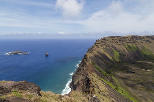 Photograph of the crater of volcano Rano Kau on Rapa Nui, Easter Island, Chile.
