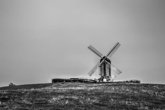 Hoejerg, Denmark - December 30, 2016: Black and white photo of the historic Danish windmill called Pibe Moelle