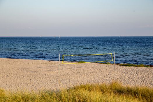 An empty beach volleyball field on Ishoj beach south of Copenhagen.