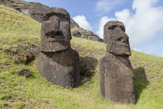 Moais at Rano Raraku stone quarry on Easter Island in Chile.