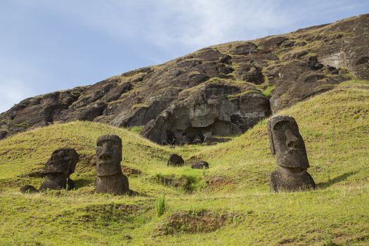 Photograph of the moais at Rano Raraku stone quarry on Easter Island in Chile.