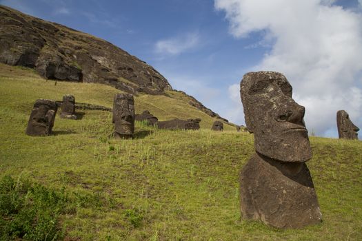 Photograph of the moais at Rano Raraku stone quarry on Easter Island in Chile.