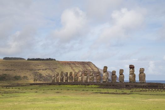 The 15 moais at Ahu Tongariki on Easter Island in Chile.