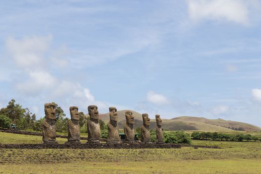 Photograph of the moais at Ahu Akivi on Easter Island in Chile.