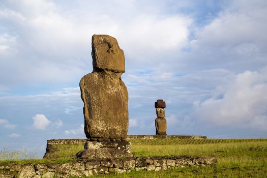 Two moai statues at Ahu Tahai on Easter Island in Chile