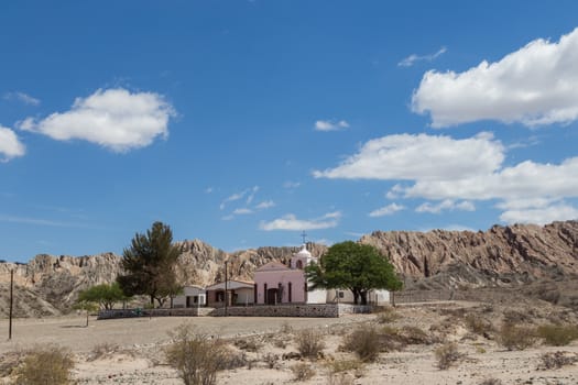 Photograph of a small church on route 40 in the Northwest of Argentina.