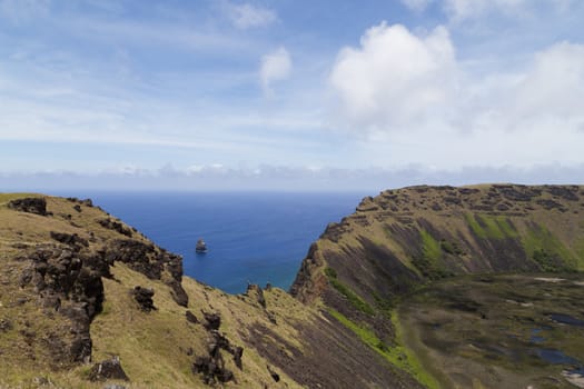 Photograph of the crater of volcano Rano Kau on Rapa Nui, Easter Island, Chile.