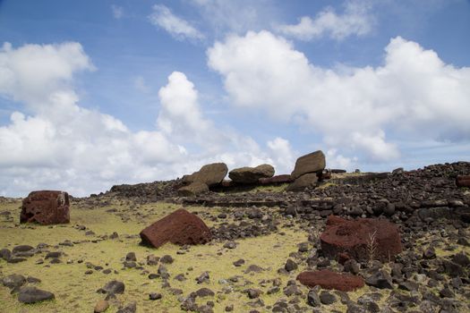 Photograph of the toppled over moais at Akahanga site on Easter Island in Chile.