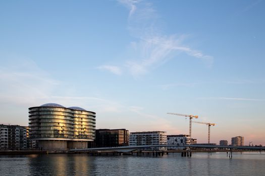 Copenhagen, Denmark - April 10, 2016: View of buildings and bridge in Havneholmen district