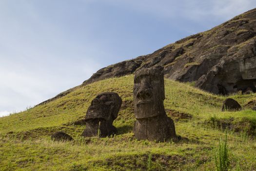 Photograph of the moais at Rano Raraku stone quarry on Easter Island in Chile.