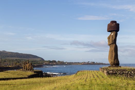 Photograph of the moais at Ahu Tahai on Easter Island in Chile in morning light.