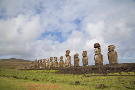 The 15 moais at Ahu Tongariki on Easter Island in Chile.