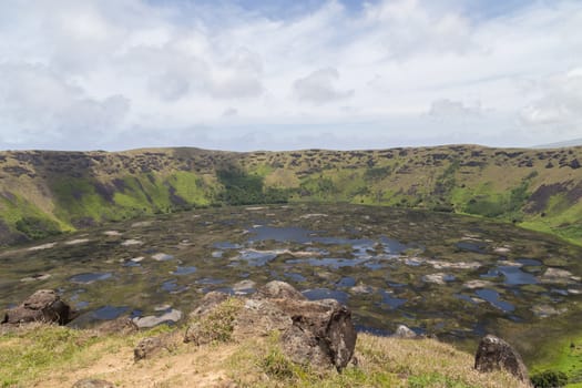 Photograph of the crater of volcano Rano Kau on Rapa Nui, Easter Island, Chile.