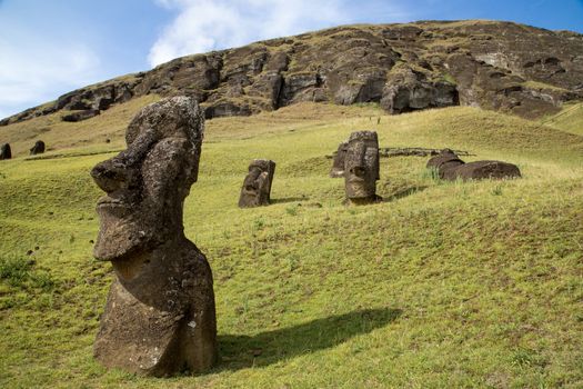 Moai statues at Rano Raraku stone quarry on Easter Island in Chile