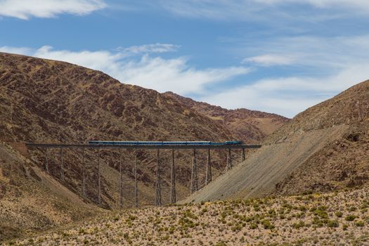 Photograph of a train driving over the Polvorilla viaduct in the Northwest of Argentina.