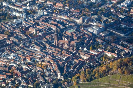 Aerial view of the city center in Freiburg Germany with the Minster