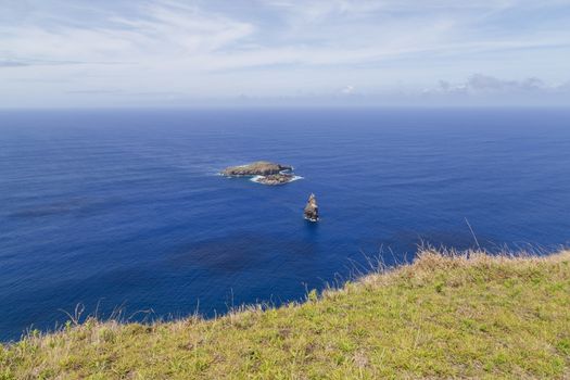 Photograph of the Birdman Islands in front of Easter Island