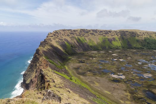 Photograph of the crater of volcano Rano Kau on Rapa Nui, Easter Island, Chile.