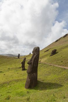 Photograph of the moais at Rano Raraku stone quarry on Easter Island in Chile.