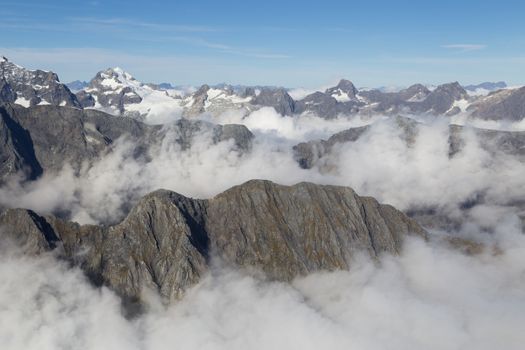 Aerial view of the mountains of Mount Aspiring National Park on the South Island in New Zealand.