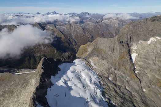 Aerial view of the mountains of Mount Aspiring National Park on the South Island in New Zealand.