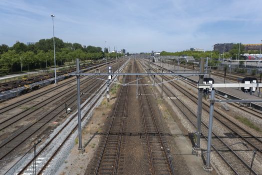 Railroad way going into the distance in Rotterdam, The Netherlands