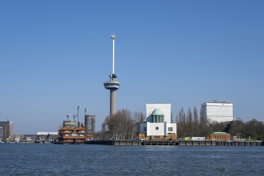 Euromast Tower in Rotterdam with floating Chinese restaurant