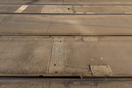 Tram tracks crossing each other. close up