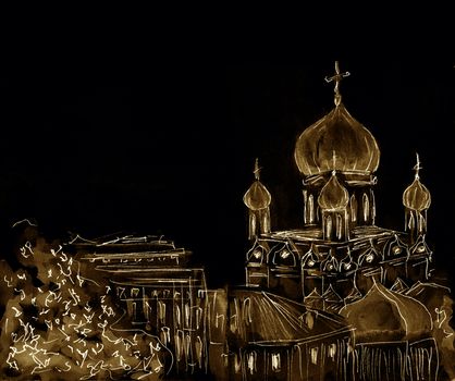 Sketch of church . Hand-drawn illustration. Russian christian culture. Dark background.