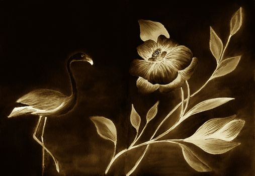 Flamingo bird and tropic flower. Monochrome illustration. Dark hand-drawn artwork. Sepia, beige and brown colors