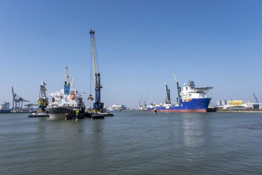 Huge cranes and ships anchored at harbor. International commercial port, city of Rotterdam background. Logistics business