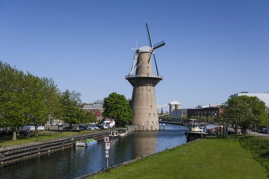 Beautiful windmills in Schiedam province South Holland, these highest windmills in the world also known as burner mills were used for grinding grain that was used for the gin industry.