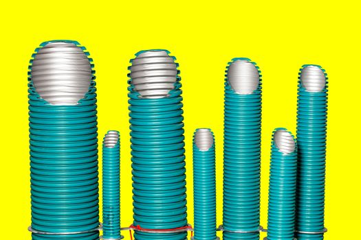 Polypropylene pipes of different diameters for use in water supply and air conditioning enterprises. The image is isolated on a yellow background.