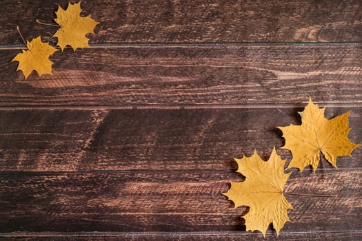 yellow autumn maple leaves lie on a brown wooden background, autumn background, September, October, November, dry autumn leaves, leaf fall, copyspace, flatlay, top view, overhead.