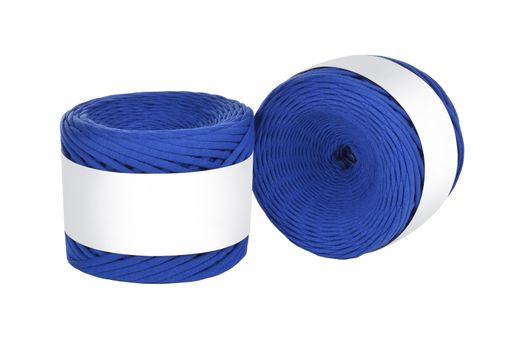 Two skeins of blue color elastic knitted cotton yarn for crochet. Roll with mockup label layout on white background. Use for handwork, creating wicker baskets and home accessories.