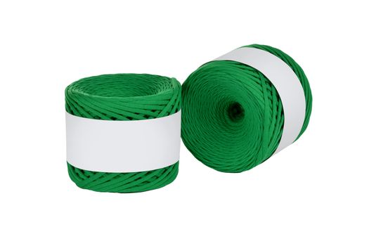 Two skeins of green color elastic knitted cotton yarn for crochet. Roll with mockup label layout on white background. Use for handwork, creating wicker baskets and home accessories.