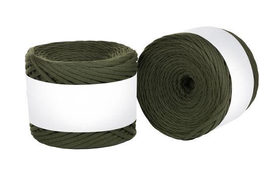 Two skeins of khaki color elastic knitted cotton yarn for crochet. Roll with mockup label layout on white background. Use for handwork, creating wicker baskets and home accessories.