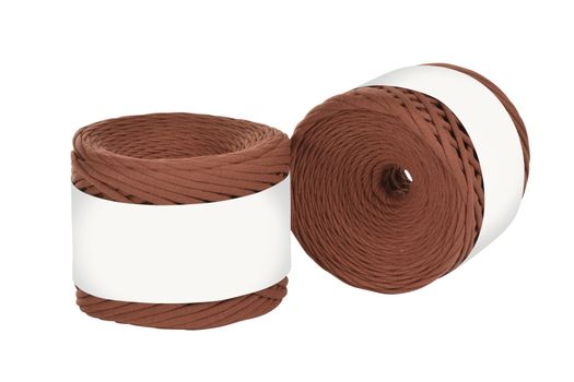Two skeins of brown color elastic knitted cotton yarn for crochet. Roll with mockup label layout on white background. Use for handwork, creating wicker baskets and home accessories.
