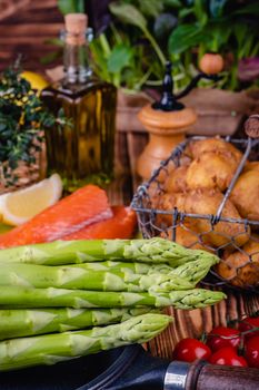 Set of fresh products for healthy food on wooden table on a rustic wooden background. selective focus