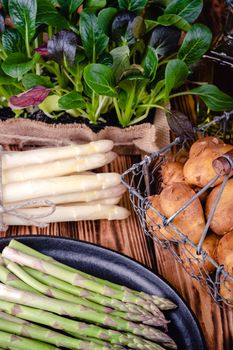 Set of fresh products for healthy food on wooden table on a rustic wooden background. selective focus