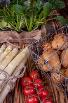 Set of fresh products for healthy food on wooden table on a rustic wooden background. selective focus