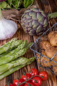 Set of fresh products for healthy food on wooden table on a rustic wooden background. selective focus