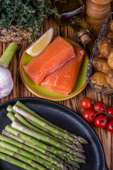 Set of fresh products for healthy food on wooden table on a rustic wooden background. selective focus