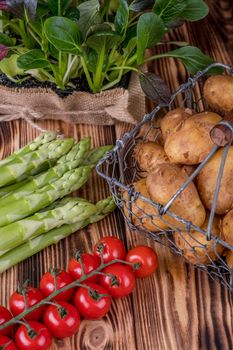 Set of fresh products for healthy food on wooden table on a rustic wooden background. selective focus