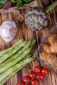 Set of fresh products for healthy food on wooden table on a rustic wooden background. selective focus