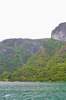 Norwegian beautiful mountain and fjord landscape in Aurlandsfjord Aurland Vestland Sognefjord in Norway.