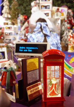 December 20, 2019 Moscow, Russia. Handmade Christmas toys on the store counter.